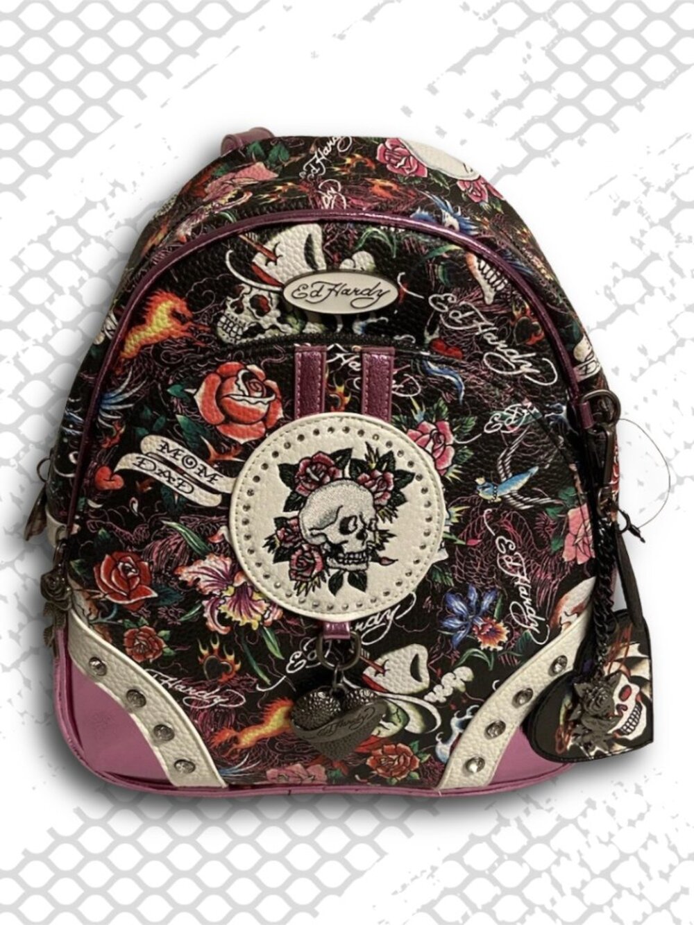 Ed Hardy Skull and Roses Tattoo Print Mini Dome Backpack Metallic Pink NWT